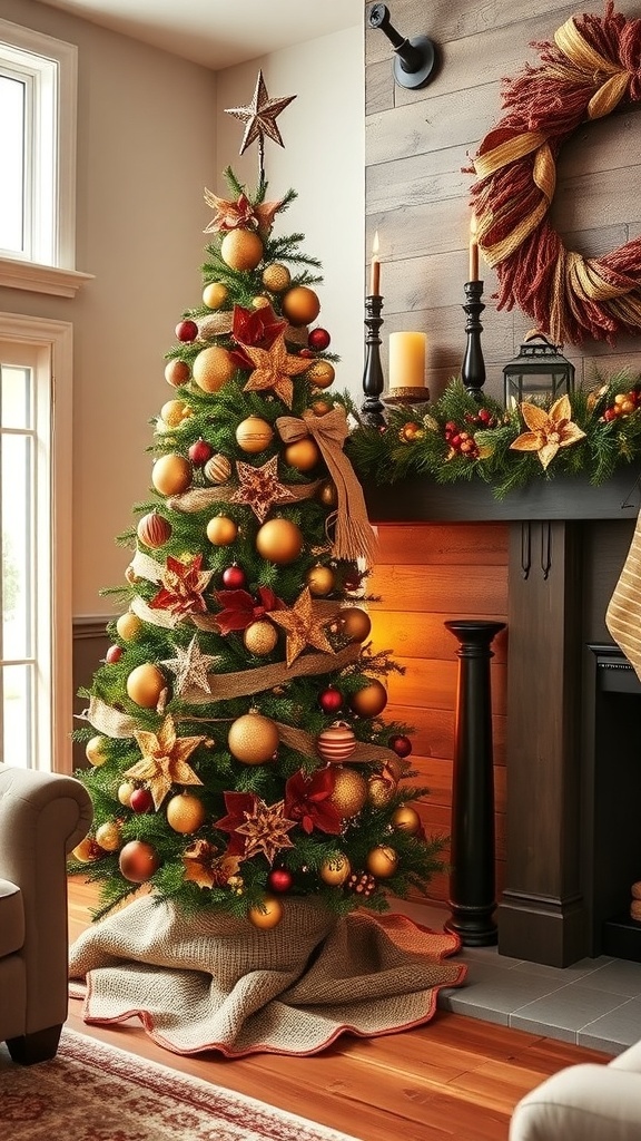 A cozy Christmas living room with a brown and gold decorated tree, burlap accents, and a rustic mantel.